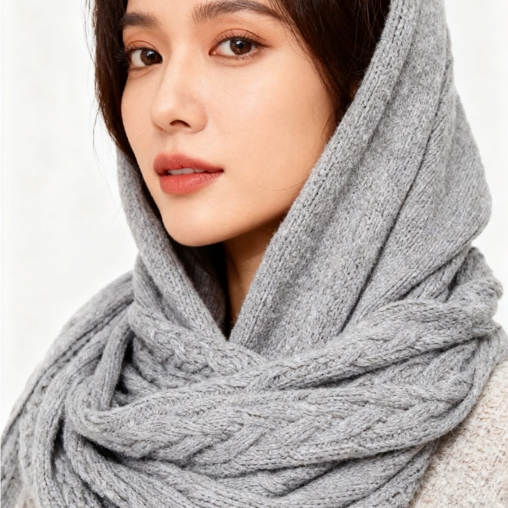 Elegant Gray Knit Hooded Scarf